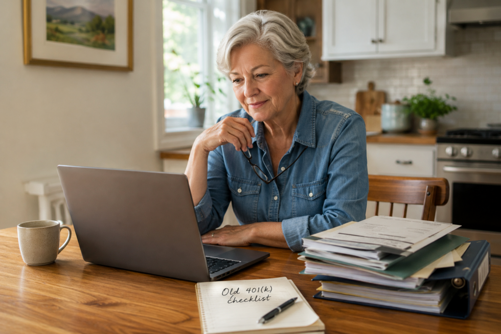 Older adult at a kitchen table using a laptop to organize old employer folders and retirement account records.