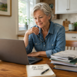 Older adult at a kitchen table using a laptop to organize old employer folders and retirement account records.